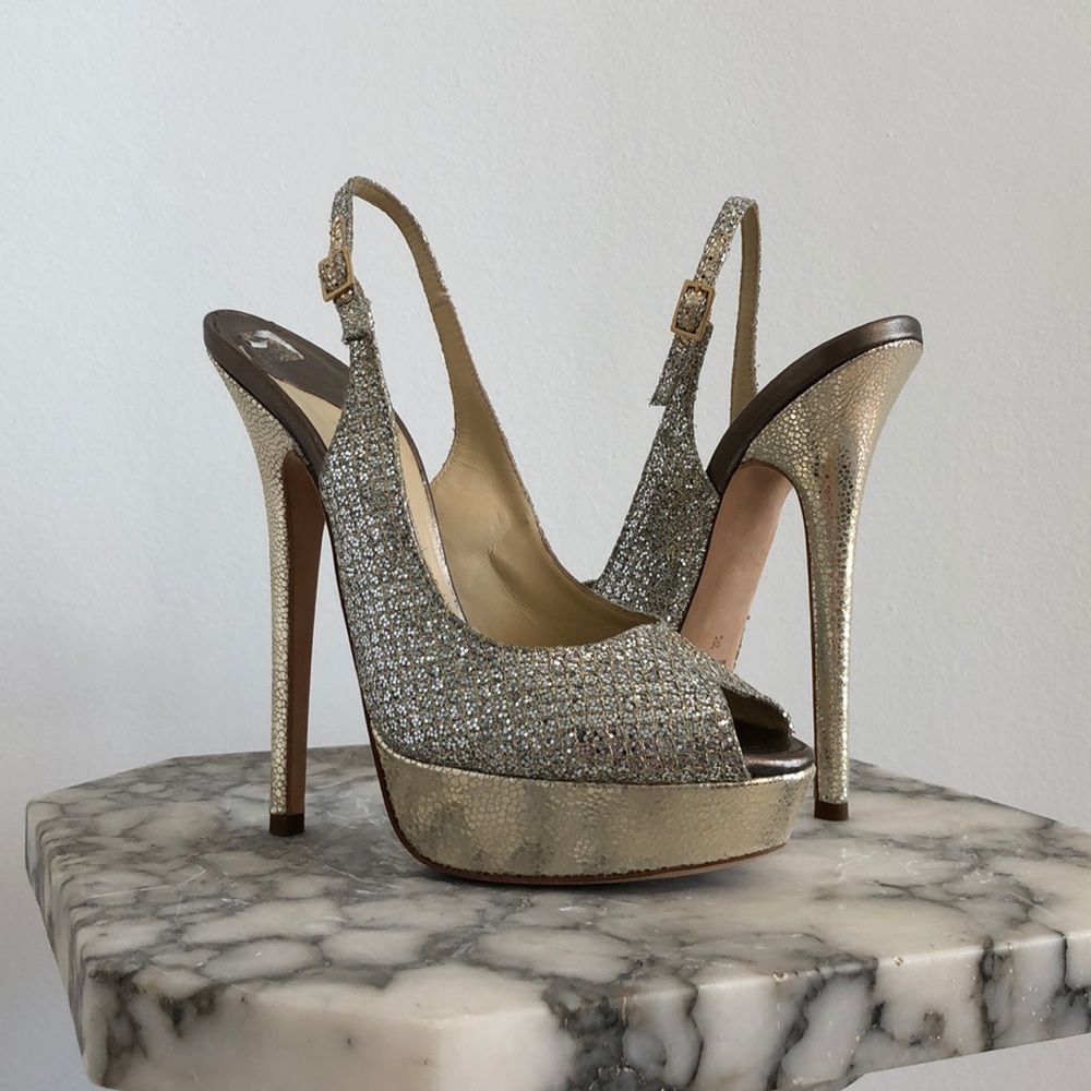 Jimmy Choo Gold Nova Glitter Platform Slingback 38